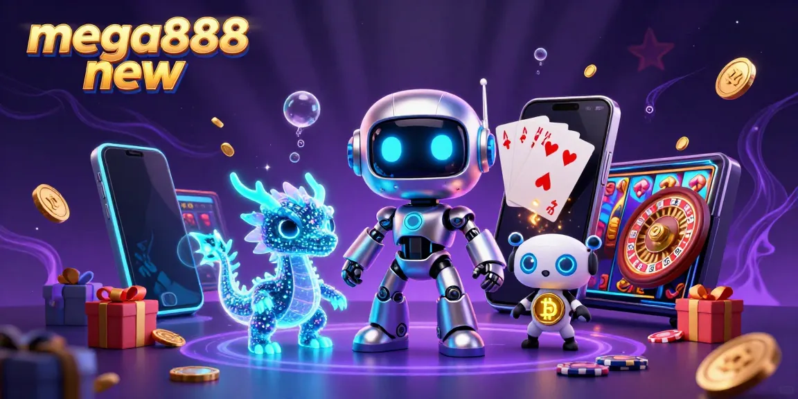 Experience the excitement of mega888 new with a vibrant 3D casino scene featuring dynamic game elements.