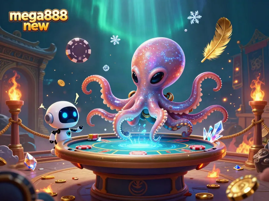 Engage with the mega888 new gaming universe featuring an alien octopus at a holographic poker table.