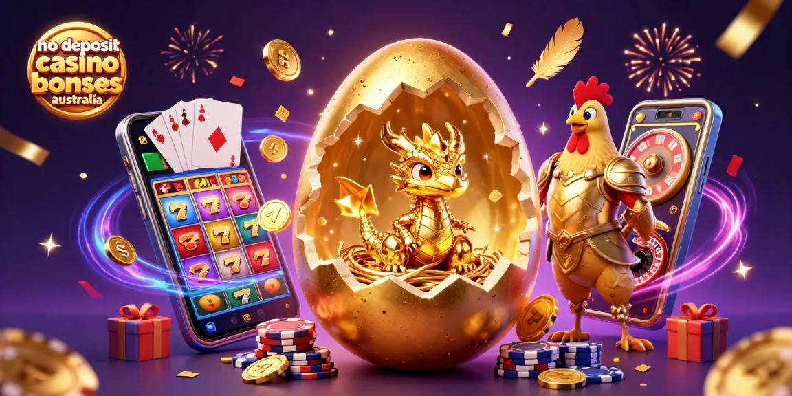 No deposit casino bonuses Australia depicted with a golden baby dragon, poker chips, and colorful slot game elements.