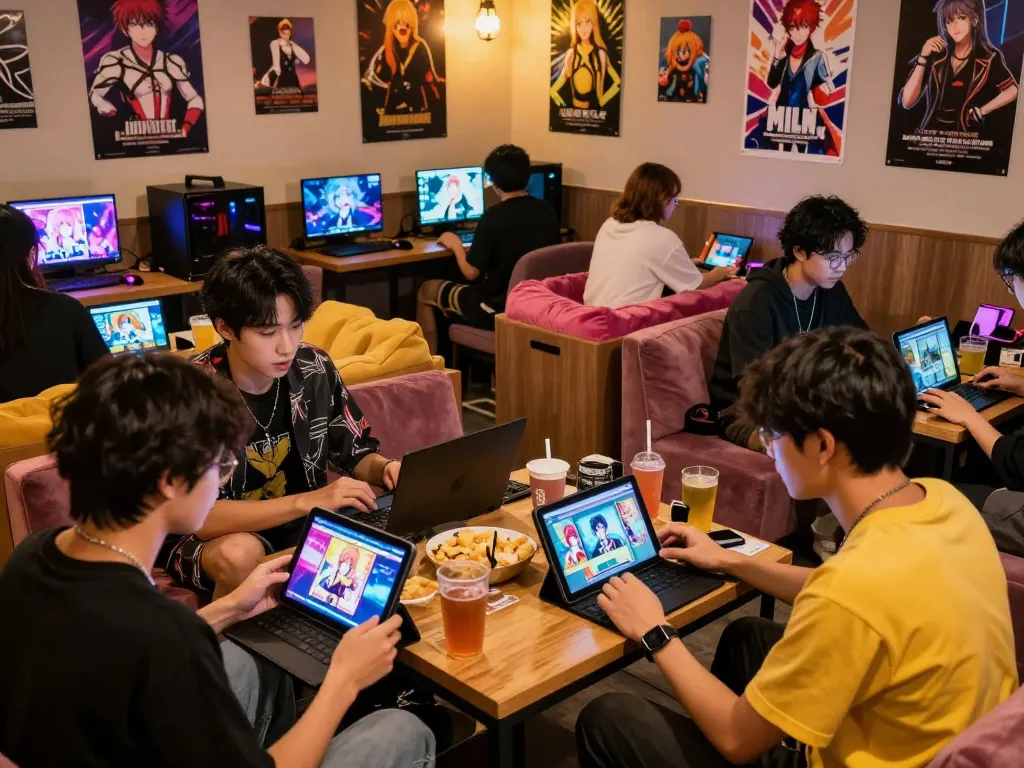 Group enjoying gay porn games on tablets in a vibrant gaming lounge