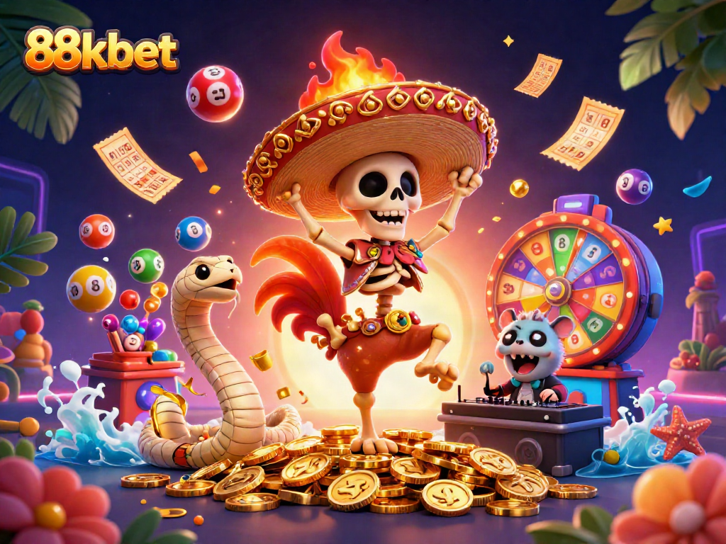 Join the entertainment at 88kbet, featuring a lively mariachi rooster and a vibrant casino scene.
