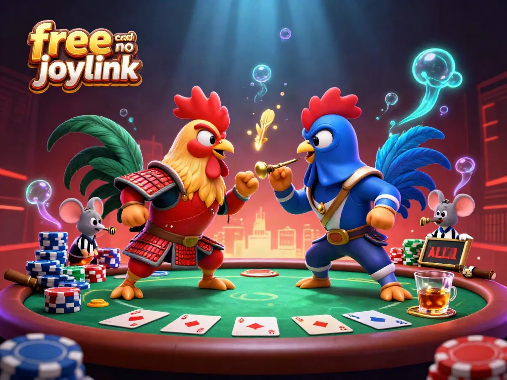 Engage with free credit no deposit joylink in an exciting 3D illustration of roosters battling at a poker table.