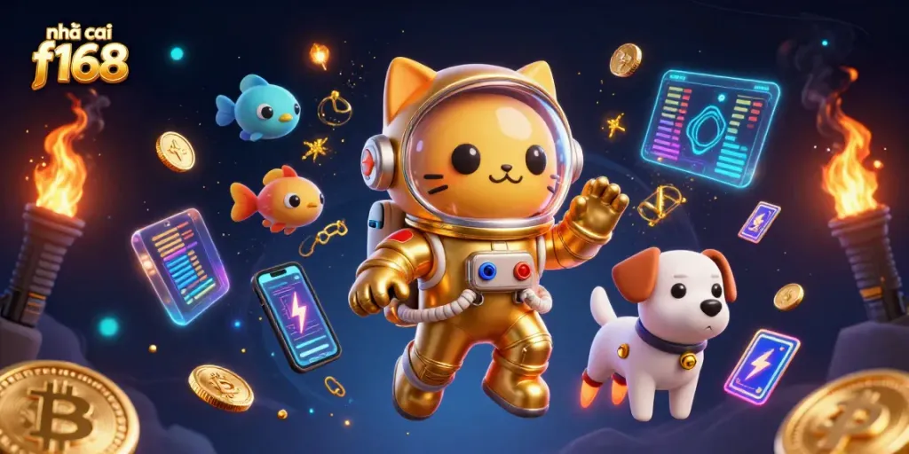 Engage and win at nhà cái f168 with a vibrant 3D casino illustration featuring alien and crypto elements.