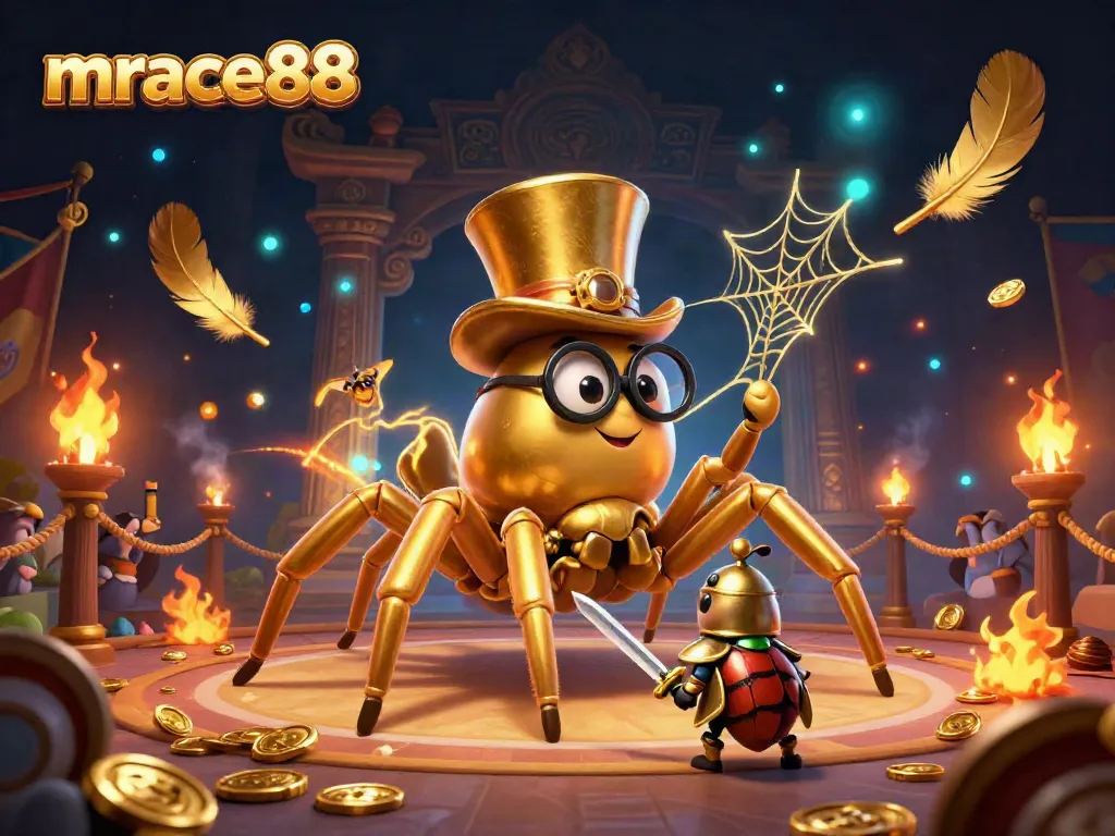 Witness the magic of mrace88 with a giant golden tarantula and brave beetle knight amidst a vibrant casino scene.