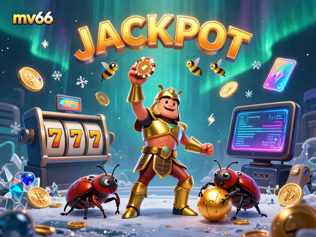 Experience mv66 excitement with a victorious beetle lifting a poker chip amidst a vibrant casino scene.