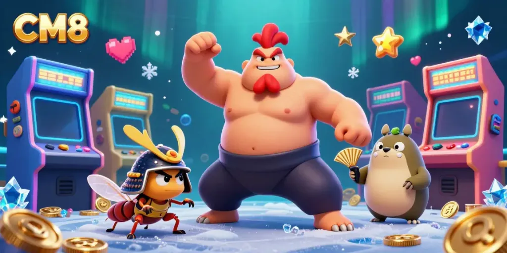 Experience thrilling gaming action at CM8 with unique characters and vibrant casino elements.