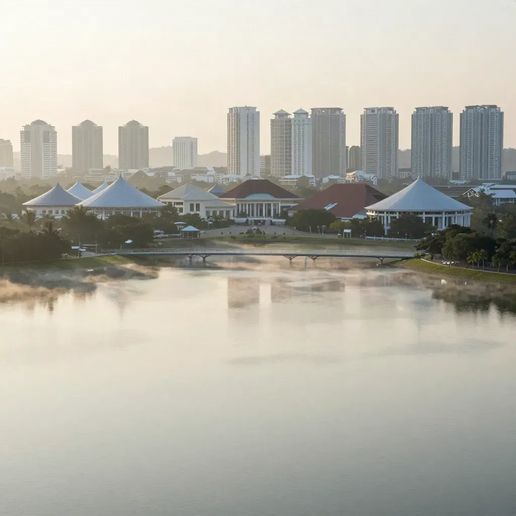 Pemandangan Selangor Selatan waktu matahari terbit, Putrajaya dan Cyberjaya berselimut kabus lembut.
