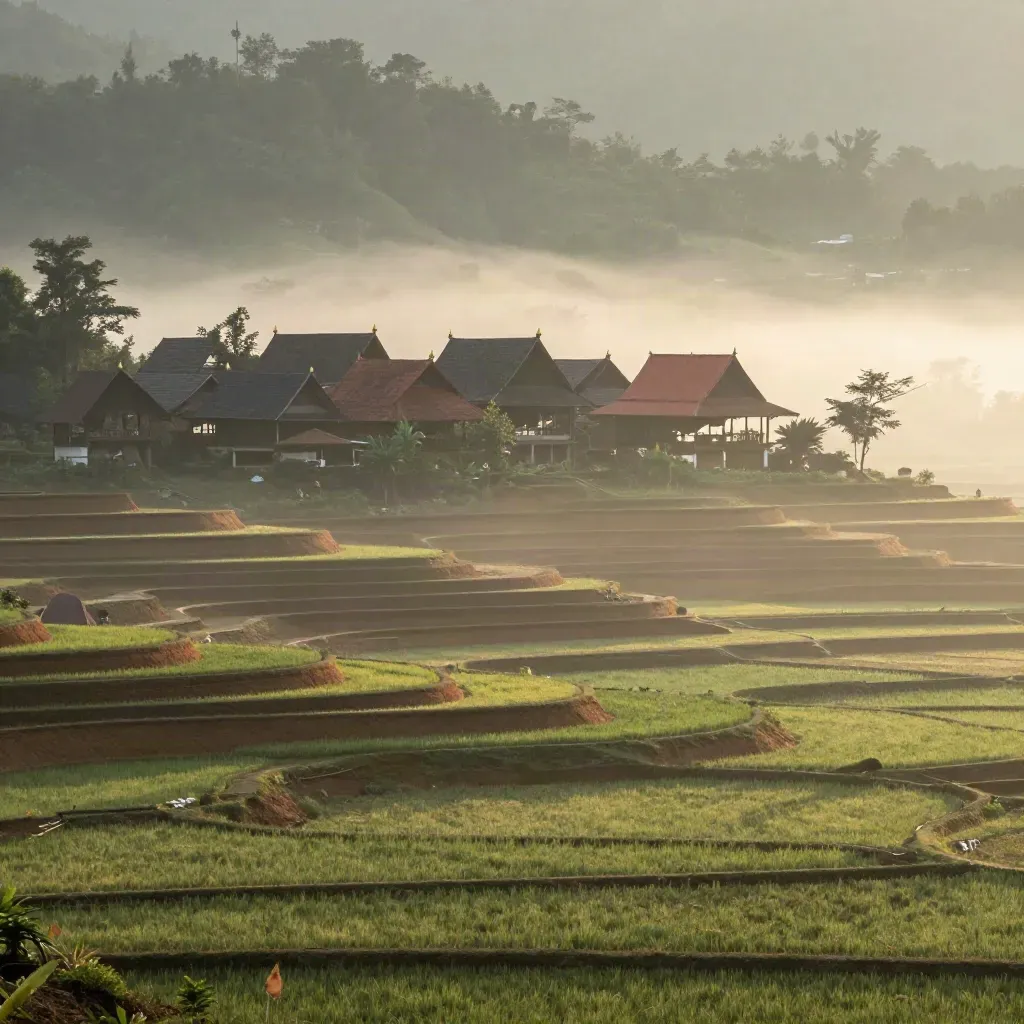 Bumbung Minangkabau Negeri Sembilan di atas sawah berkabus waktu pagi.