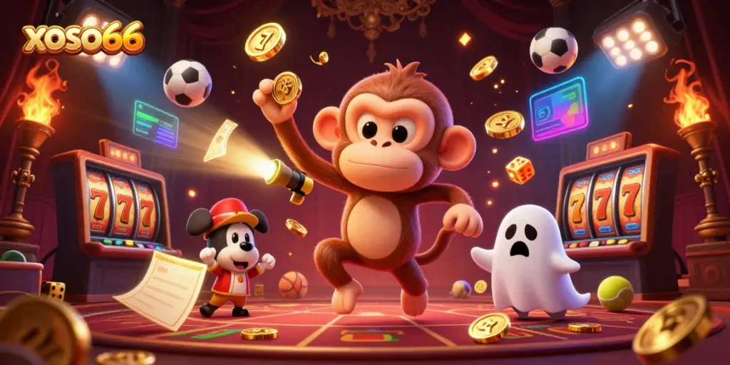 Experience thrilling slots at xoso66 with a playful specter monkey and ghost-hunter puppy in a haunted casino.