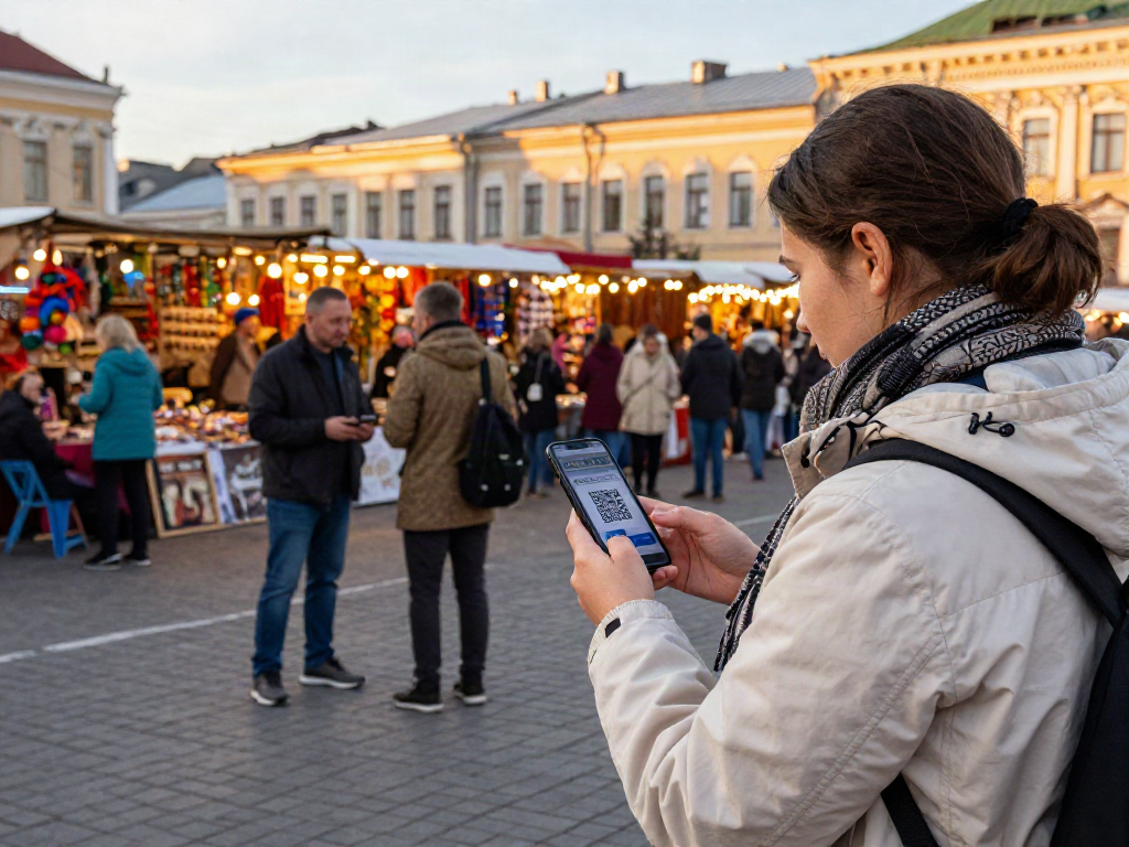Pengembara menggunakan https://payinrussia.com/ untuk pembayaran di pasar bandar Rusia yang meriah.