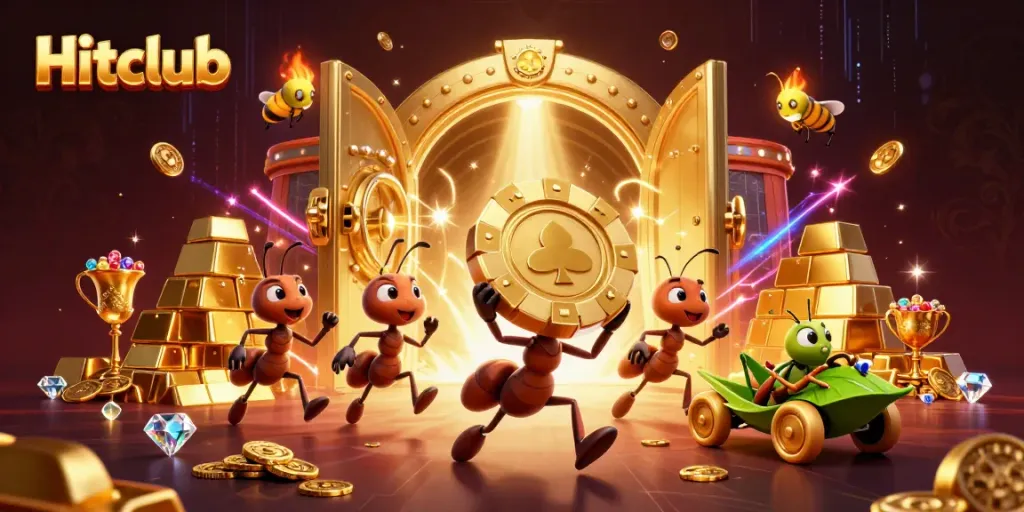 Hitclub ants execute a heist, showcasing golden poker chips and treasures in a vibrant casino-themed illustration.