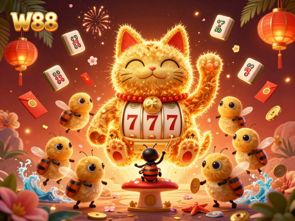 Experience the vibrant arena of W88 slots with this captivating golden cat illustration.