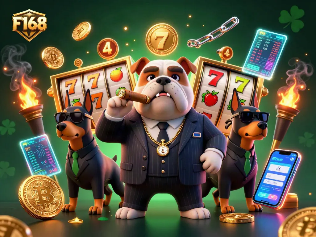 Spin the reels with F168, featuring dynamic slot elements and cartoon mafia characters in a vibrant casino scene.