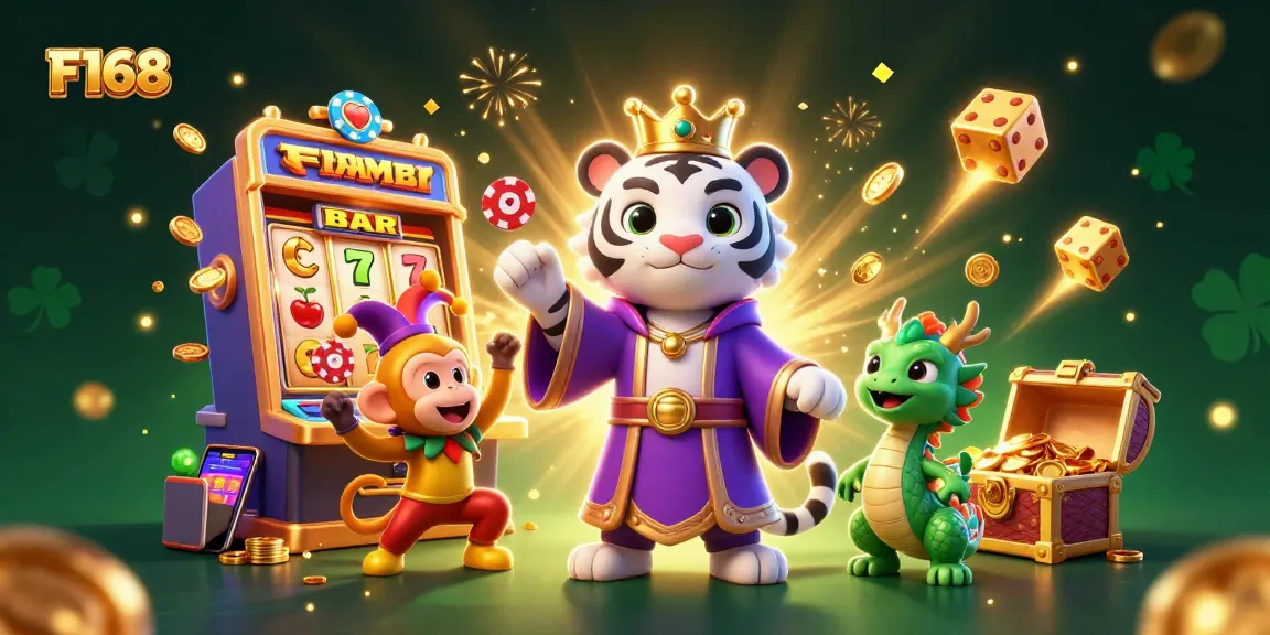 Experience the excitement of F168 with a vibrant scene of a tiger, monkey, and dragon amid casino elements and a jackpot.