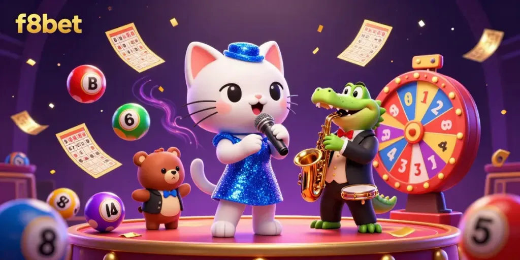 Experience the excitement at f8bet with a lively scene featuring a jazz-singer cat, a saxophone-playing crocodile, and a drum-playing bear in a colorful casino setting.