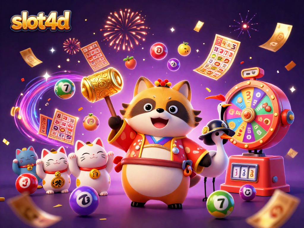 Engage with slot4d’s vibrant casino scene featuring a cheerful tanuki and lucky symbols!
