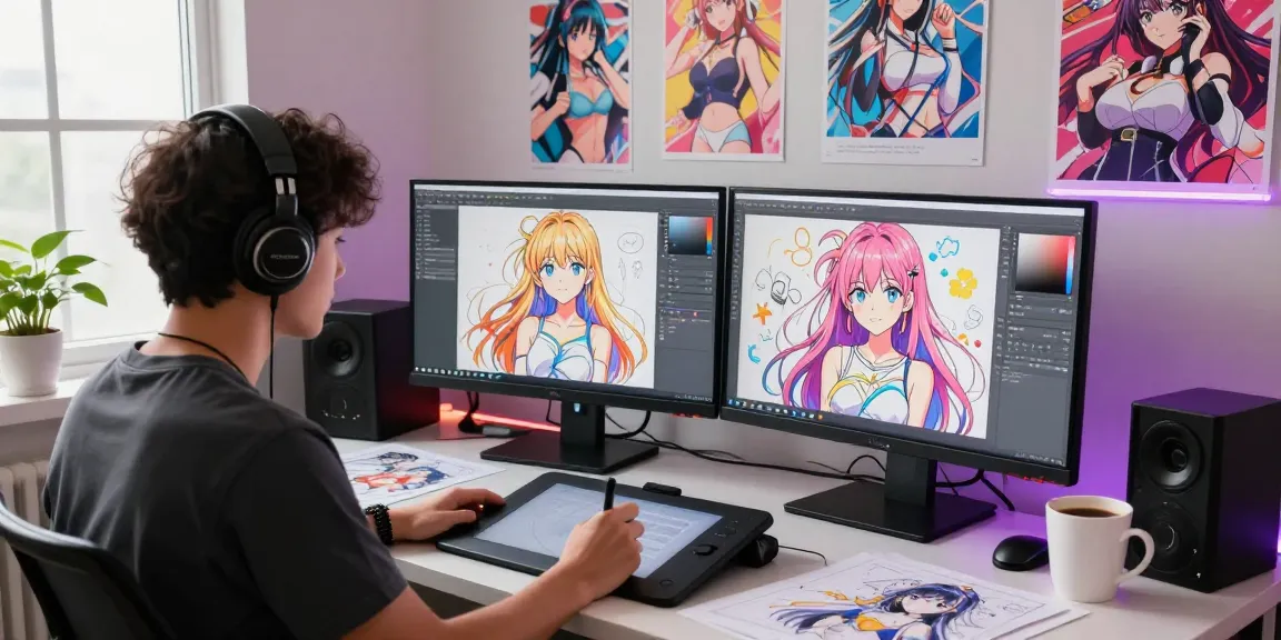 Artist creating AI ecchi illustrations with vibrant anime art in a lively studio.