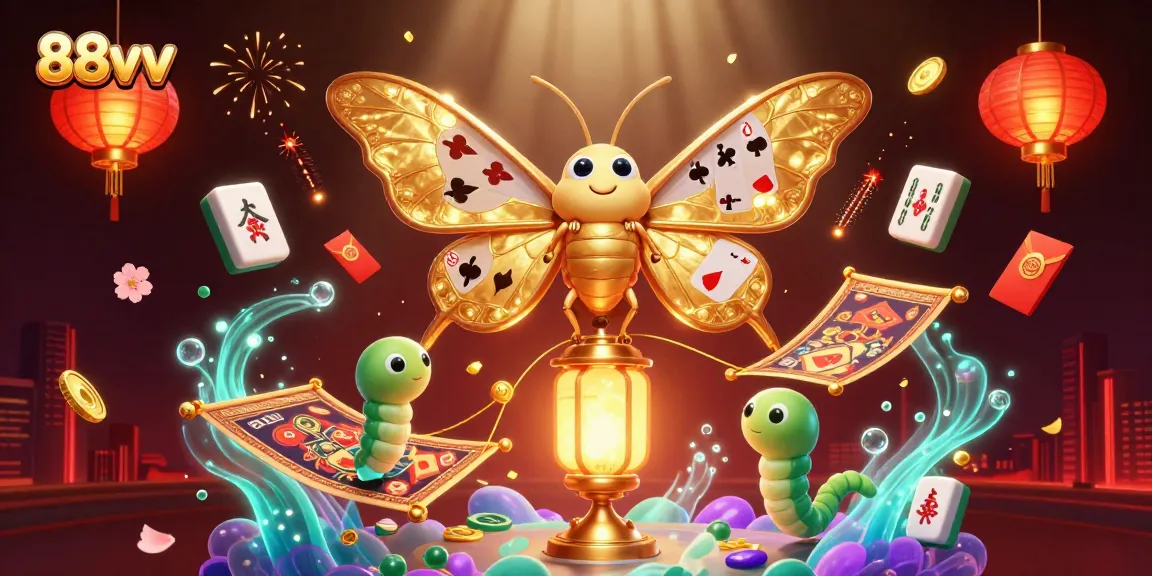 Experience the vibrant gambling scene with 88vv featuring a stunning moth and casino elements.