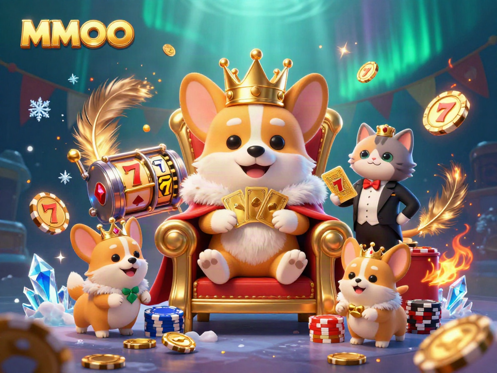 Experience thrilling MMOO casino action with a royal corgi on a throne of chips amidst dynamic slot game elements.