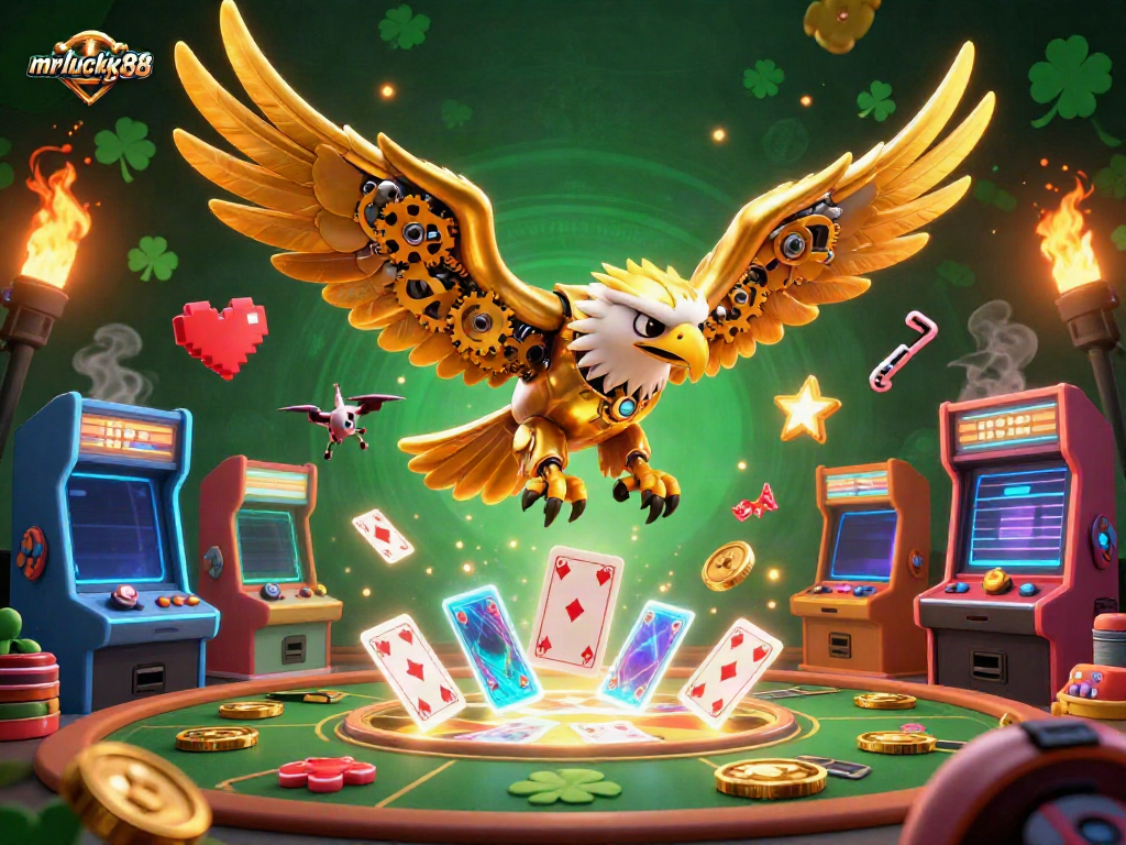 Experience the thrill of mrlucky88 with dynamic gaming visuals of a golden eagle and arcade elements.