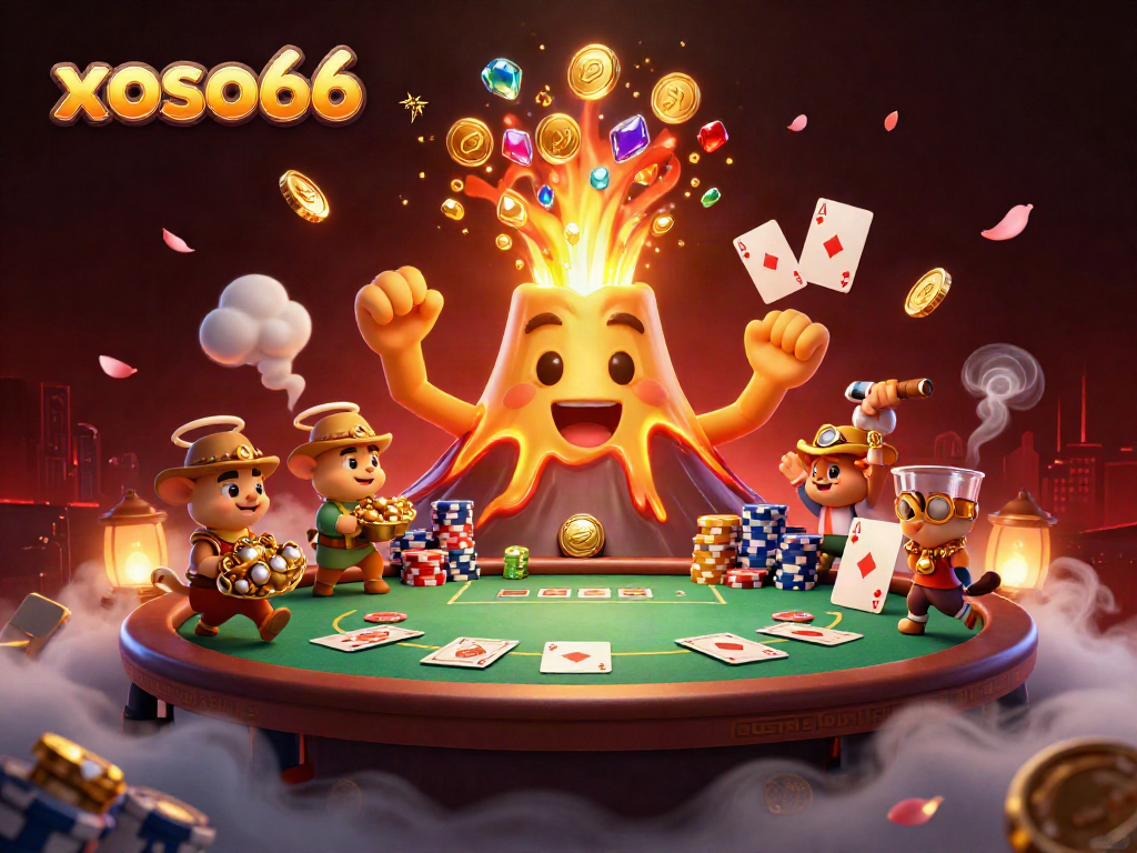 xoso66 offers an exciting volcano treasure scene packed with poker games and surprised explorer animals.