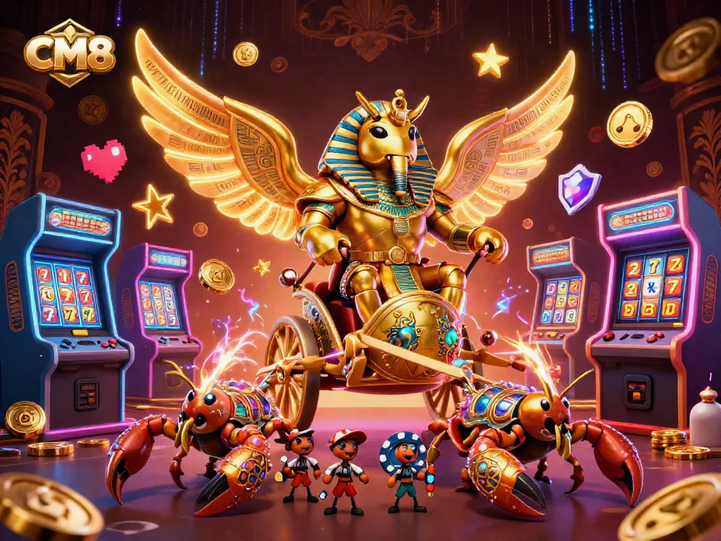 Engage in thrilling casino adventures with CM8's vibrant 3D illustration featuring dynamic gaming characters.