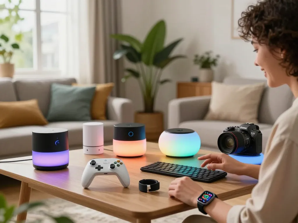 Person exploring unique tech gadgets in a modern living room, showcasing innovative Bluetooth devices.