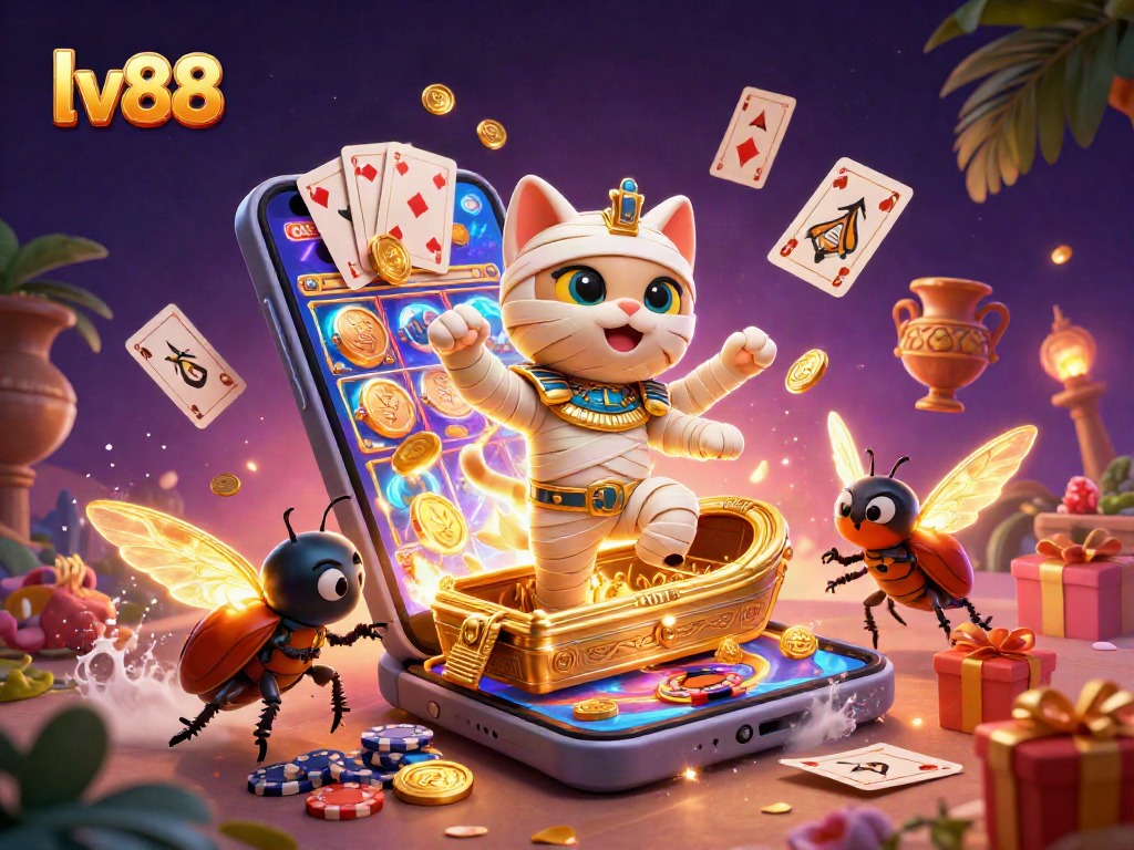Spin to win with lv88 featuring a vibrant pyramid casino scene with a mummy cat.