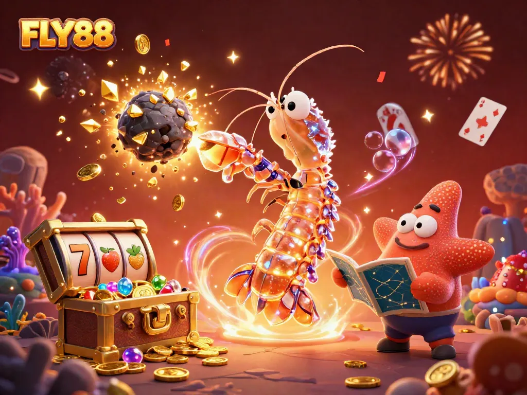 FLY88 showcases a vibrant 3D scene with a galactic samurai mantis shrimp and a starfish navigating a casino-themed space filled with treasures and celebratory elements.