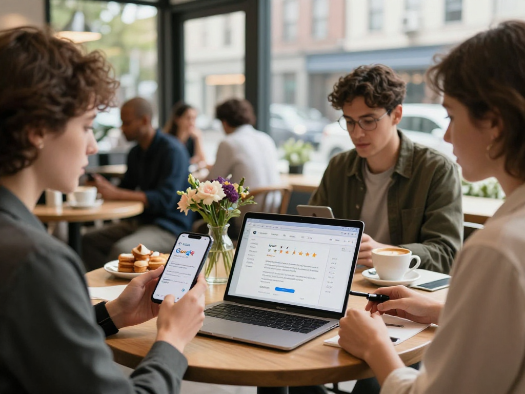 Buy Google reviews at a bustling café, showcasing customers engaging and discussing business.