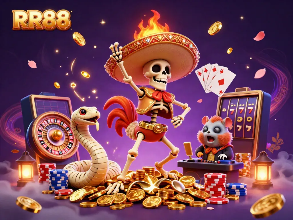 Celebrate at RR88 with a lively 3D illustration of a mariachi rooster dancing on coins, showcasing casino elements.