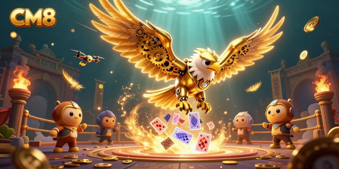 Engage in thrilling CM8 casino adventures with a cybernetic eagle amidst vibrant gaming elements.