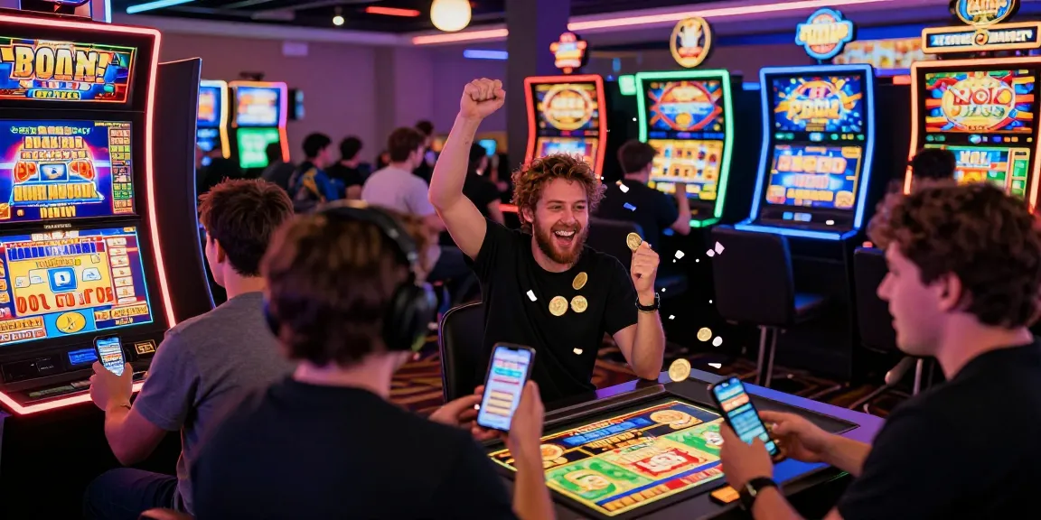 Slot gacor players cheering in vibrant online casino atmosphere.