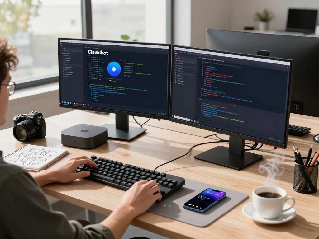Developer utilizing Clawdbot on a Mac mini, surrounded by tech gadgets in a modern workspace.
