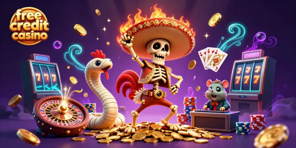 Experience thrilling wins with free credit casino bonuses, featuring vibrant casino characters and dynamic elements.