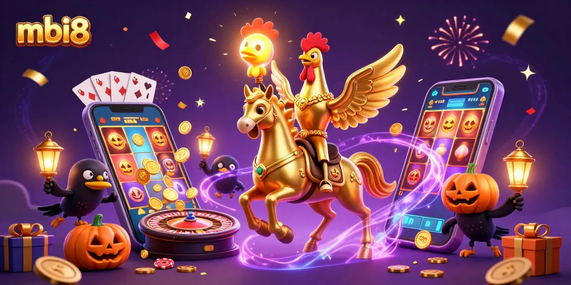 Join the fun at mbi8 with a golden rooster and friends celebrating at a vibrant casino.