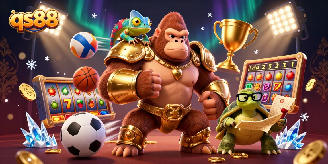 Experience exciting gaming with qs88's thrilling 3D casino illustration featuring a powerful gorilla and exotic elements.